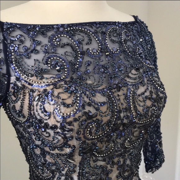 Mac Duggal couture blue sleeve lace gemstone gown - Picture 4 of 8